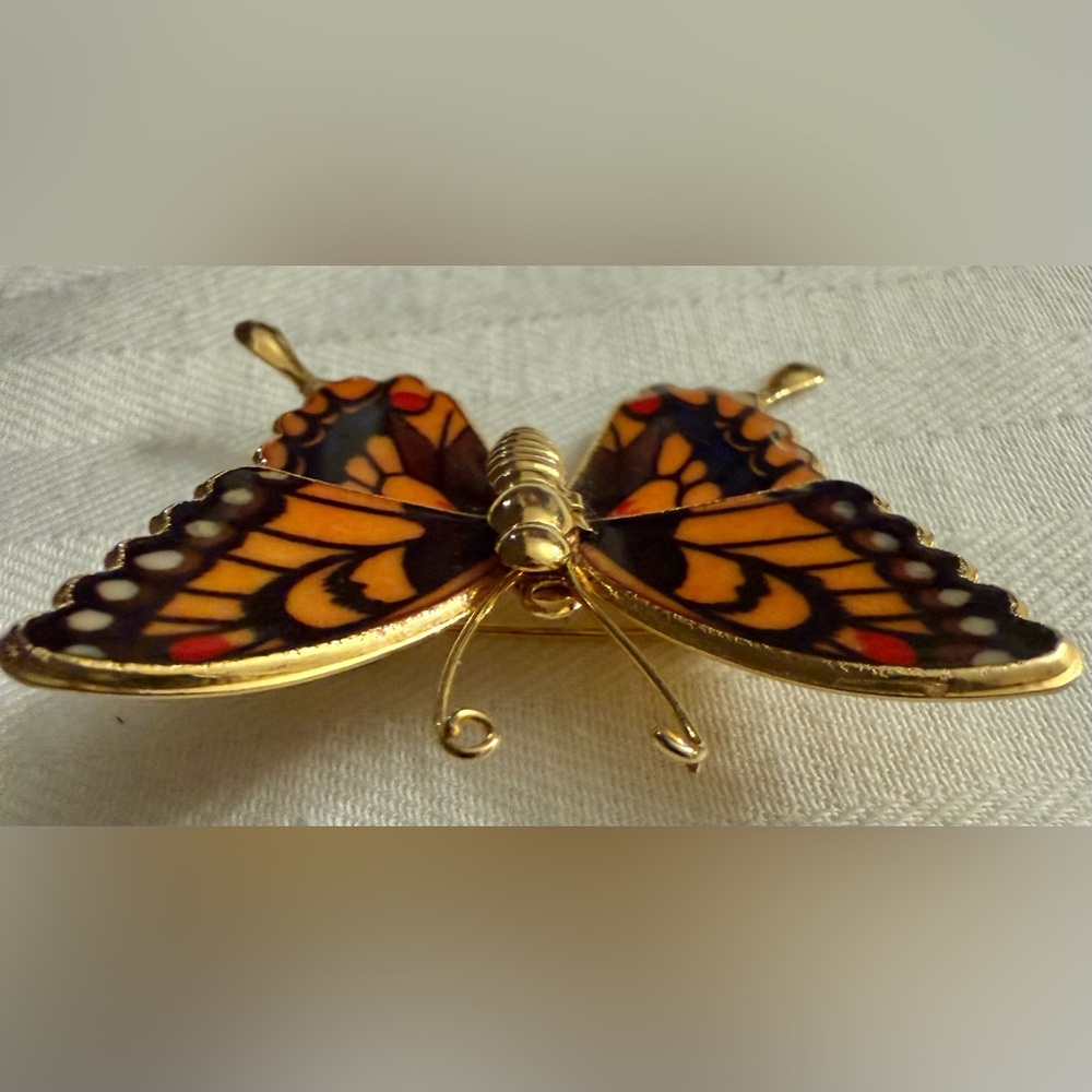 Monarch Butterfly Orange Black God tone Brooch - Picture 4 of 10